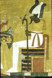 Altes Ägypten, Wandmalerei, Grab von Inherkhau, Theben, Osiris sitzt vor dem Opfertisch, 20. Dynastie