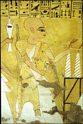 Altes Ägypten, Wandmalerei Grab von Inherkhau, Theben, Grab der Adligen, 20. Dynastie, Ein Priester gießt Trankopfer für Inherkhau