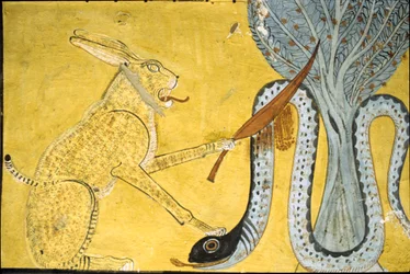 Altes Ägypten, Wandmalerei Grab von Inherkhau, Theben, Grab der Adligen, 20. Dynastie, Amon (Katze) tötet die Schlange, Darstellung von Amon, der die Schlange Apophis unter dem heiligen Baum besiegt
