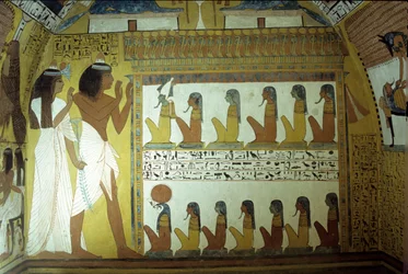 Altes Ägypten, Wandmalerei, Grab von Sennedjem, Wand, Sennedjem und seine Frau verehren die Götter der Unterwelt, Osiris, Horus, Theben, Deir el Medina