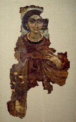 Koptische Kunst: Leichentuch einer Frau namens Dame mit dem Kreuz ansee. Malerei auf Leinen (4. Jahrhundert n. Chr.) Antinoe.