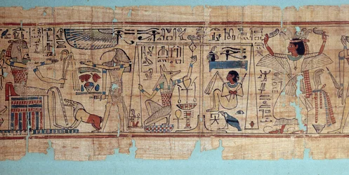 Ägyptische Antike: Detail des mythologischen Papyrus von Neskapashouty, Kornschreiber des Amun. Anubis wiegt das Herz (die Seele) des Verstorbenen. 21. Dynastie