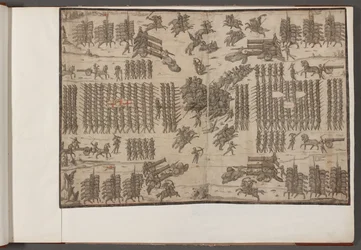 Eine Schlacht. Armeen in Formation. Zeichnungen von Armeen, Soldaten, Pferden und Geschirren sowie anderen militärischen Szenen. 1500-1650