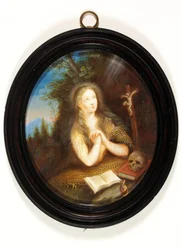 Maria Magdalena lehnt an einem Ufer, ihre Augen auf ein Kruzifix gerichtet