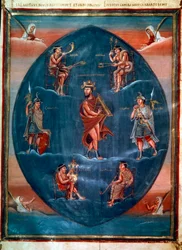 David spielt die Harfe, umgeben von vier Musikern, zwei Wachen und vier Kardinaltugenden. Miniatur in der Ersten Bibel von Karl dem Kahlen, auch bekannt als die Bibel von Vivian