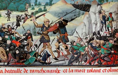 Tod des Ritters Roland, Neffe Karls des Großen, in der Schlacht von Roncevaux (778) zwischen der Armee Karls des Großen und den Sarazenen. Miniatur. Paris B.N.