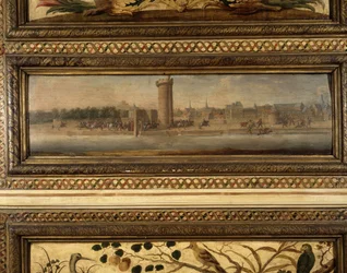Einzug von Henri IV in Paris: Charles de Cossé Brissac (Cosse-Brissac) öffnete Henri IV (1553 - 1610) die Tür der Konferenz (1594) - die mittlere Landschaft eines der großen Paneele im Raum - Salon de la Meilleraye. Arsenal. Gemälde von Quilleriez