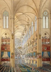 Innenraum der Kathedrale Notre-Dame de Paris während der Krönung Napoleons I. (1769-1821) am 2/12/1804. Aquarell um 1804. Île-d