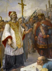 St. Corentin legt den ersten Stein der Kathedrale von Quimper an der Odet in Anwesenheit von König Gralon Meur, 435 - Gemälde der Kirche von Morlaix