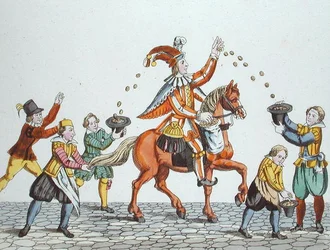 Narr auf einem Kastanienpferd, das Kindern Essen zuwirft, aus 