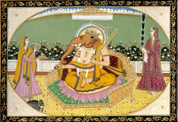 Lord Ganesh mit Ridhi und Siddhi Miniaturmalerei Indien