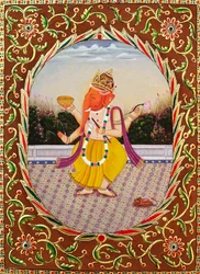 Herr Ganesha Ganpati Miniaturmalerei auf Papier mit Stickerei