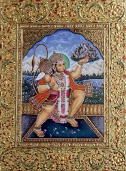 Herr Hanuman, Miniaturmalerei auf Papier mit Goldstickerei