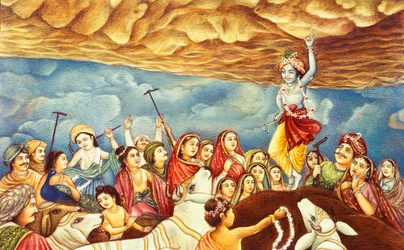 Lord Krishna hebt den Berg Miniaturmalerei