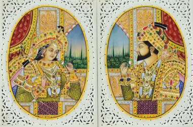 Miniaturmalerei von Shah Jahan mit Frau Mumtaj Mahal Indien Asien