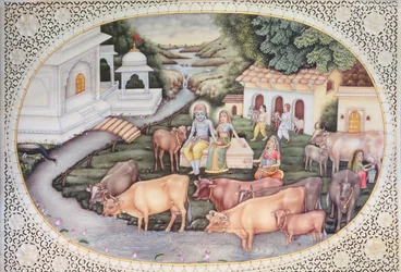 Miniatur von Krishna, eine Milchmagd sitzt auf einem Feld mit Vieh
