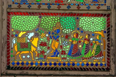 Radha Krishna mit Sakhi auf Buntglas
