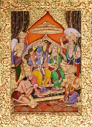 Ram Darbar in Miniaturmalerei auf Papier mit Goldprägung