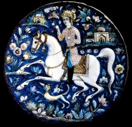 Iranische Kunst: Polychrome Keramikschale mit Reiterdarstellung