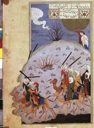 Majnun beobachtet die Schlacht zwischen Nawfal und Lailas Stamm