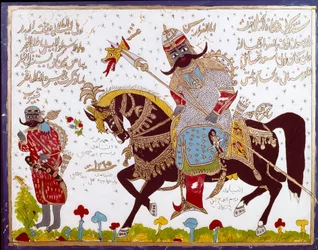 Islamische Kunst: Glasmalerei, die die Geschichte von Antar (Antar ibn Shaddad), einem arabischen vorislamischen Dichter des 6. Jahrhunderts, darstellt.