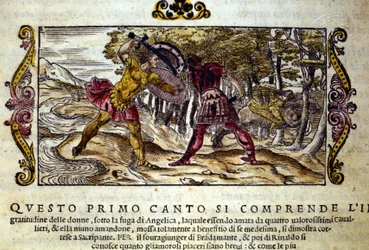 Darstellung des Kampfes zwischen Ferragus und Renaud, beide verliebt in die schöne Angelica. Szene aus dem Rittergedicht „Orlando Furioso“ (Der rasende Roland) von Ludovico Ariosto (1474-1533)