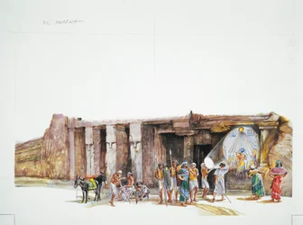 Tell el-Amarna - Rekonstruktion der Verehrung des Gottes Aton, dargestellt als Sonnenscheibe (Farblithografie)