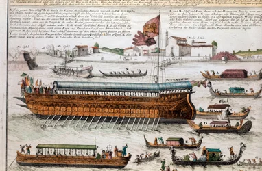 Ansicht der Lagune von Venedig und des Bucentaur. Am Himmelfahrtstag überquerte der Doge die Lagune von Venedig, um die Mündung des offenen Meeres an Bord eines Schiffes namens Bucentaur zu erreichen. Gravur. Venedig, Museo Correr
