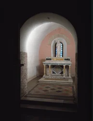 Ansicht der zweiten Kapelle der Kirche der Heiligen Vincent und Anastasius, 625-1221 Abtei Tre Fontane (Abtei der Drei Brunnen) bei Rom, Italien