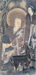 Religiöses Gemälde, das einen jungen Mönch mit einer Hirschkuh darstellt, Gemälde auf Seide, japanische Zivilisation, Heian-Periode, 794-1185