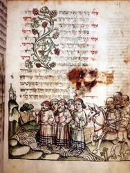 Biblische Szene: Juden überqueren das Rote Meer. Seite eines Machazor, Gebetbuch in Hebräisch. Manuskript.