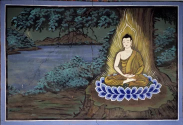 Buddha Meditation: Fresko im Yongju-Tempel, Region Suwon, Korea.