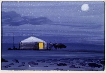 Mongolische Jurte bei Nacht - Mongolische Aquarellmalerei