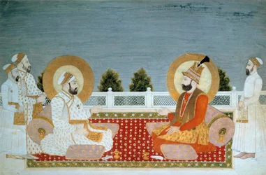 Indische Kunst: Darstellung des indischen Kaisers Muhammad Shah (1702-1748) und Nadir Shahs (1688-1747), Schah von Iran. Miniatur der Mogulschule, Muhammad Shah (1526-1858 n. Chr.), 0,21 x 0,31 m, Paris, Musée Guimet, Nationalmuseum für asiatische Kunst