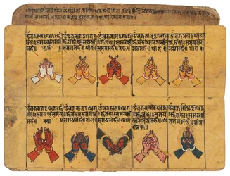 Ein Thyasapu-Manuskript mit ikonografischen Illustrationen von Mudras, Nepal