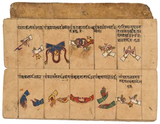 Ein Thyasapu-Manuskript mit ikonografischen Illustrationen von Mudras, Nepal