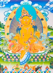Darstellung von Dzambhala; der gelbe Dzambhala ist die Manifestation des Buddha Ratnasambhava und symbolisiert Reichtum in der materiellen Welt