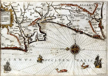 Kap Sagres (oder Heiliges Kap) am Ende von Portugal nach dem Portulan von Luca J. Waghenaer Treesor of zeevaert, gedruckt in Leiden 1592