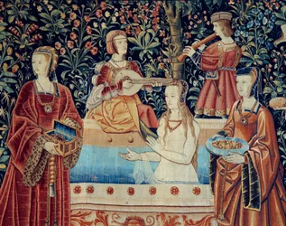 Wandteppich aus der Folge „Das herrschaftliche Leben“: Das Bad. Detail. Wandteppich aus Wolle und Seide, um 1520 in den Niederlanden gefertigt. Maße: 2,8 x 2,6 m. Paris, Musée national du Moyen Âge, Thermes de Cluny