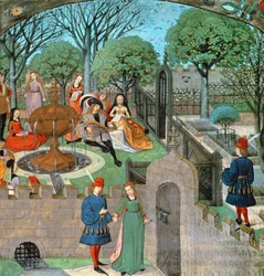 Gartenszene, der Liebhaber und Dame Oyseuse (Müßiggang) außerhalb der Gartenmauern, aus dem 