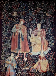 Der Vorhang des Seigneurialen Lebens: das Konzert. Wandteppich aus Wolle und Seide, um 1520 in den Niederlanden gefertigt. Paris, Nationalmuseum des Mittelalters, Thermes de Cluny