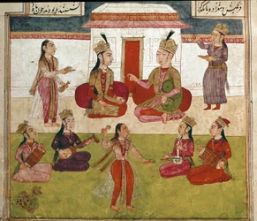 Islamische Kunst: Konzert und Unterhaltung in einem Harem. Persische Miniatur aus einer Handschrift des Epos „Schahname“ (Schah Nama, Schahname) (Buch der Könige) von Firdausi (Firdawsi, Ferdawsi oder Firdousi, ca. 940-um 1020). Biblioteca Nazionale