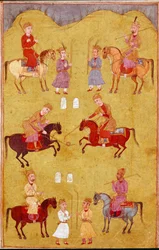 Islamische Kunst: das Polospiel. Persische Miniatur aus einem Manuskript des Epos Shahnameh (Buch der Könige) von Ferdowsi (ca. 940-1020) Biblioteca Nazionale Neapel
