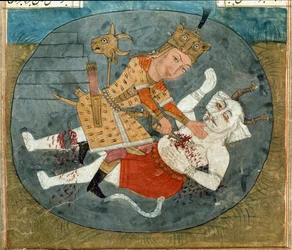 Rostam, Sohn von Zal, tötet den weißen Dämon von Mazandaran, Miniatur aus einem Manuskript des Epos Shahnama von Firdawsi