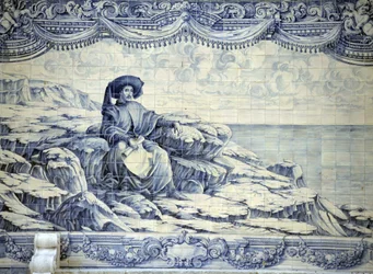 Heinrich der Seefahrer, sitzend, blickt auf das Meer - Azulejo aus der Umgebung von Lissabon (Sintra).