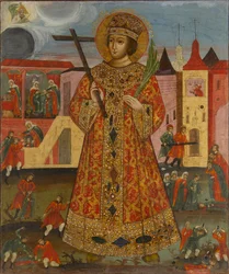 Dmitri Iwanowitsch (1582-1591), Zarewitsch Demetrius oder Dimitri oder Dmitri von Uglitsch oder Dmitri von Moskau - Russische Ikone: Zarewitsch Demetrius mit Mordszenen. Frühes 19. Jahrhundert, Staatliches Museum für Architektur, Geschichte und Kunst