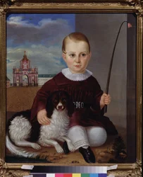 Junge mit einem Hund vor der roten Tür
