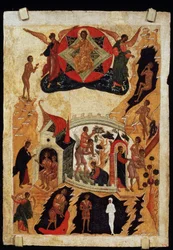 Das Gleichnis vom Lahmen und Blinden. Russische Ikone. Malerei auf Holz um 1550. Staatliches Russisches Museum, Sankt Petersburg