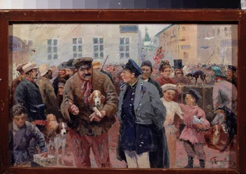 Der Tiermarkt auf dem Trubnaya-Platz in Moskau. Menschenmenge zwischen Käfigen und Haustierverkäufern. Werk eines russischen Meisters, Öl auf Leinwand, zweite Hälfte des 19. Jahrhunderts. Staatliches Zentralmuseum für Literatur, Moskau.