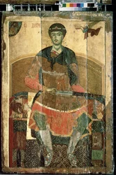 Der christliche Märtyrer St. Demetrios von Thessaloniki auf dem Thron. Russische Ikone. Gemälde auf Holz aus dem frühen 13. Jahrhundert Staatliche Tretjakow-Galerie, Moskau
